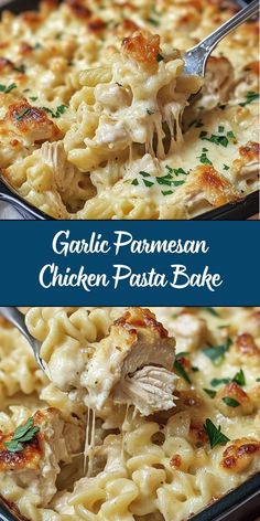 two pictures of chicken pasta with parmesan cheese