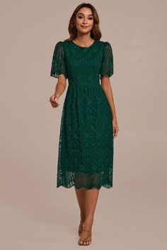 Dark Green Floral Lace Short Sleeve Round Neck Midi Dress Modern Mother Of The Bride Dresses Midi, Modest White Dress, Dresses Dark Green, Midi Dress Flowy, Country Western Dresses, Dark Green Bridesmaid Dress, Mob Dress, Emerald Dresses, Black Lace Midi Dress