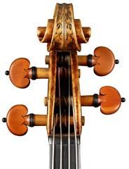 the back of an old violin with many strings