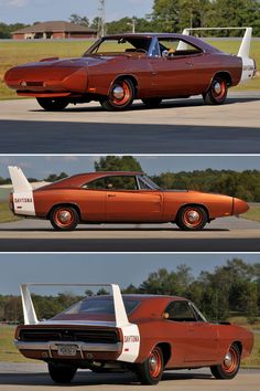 two pictures of an orange car with the door open and the hood down, in three different views