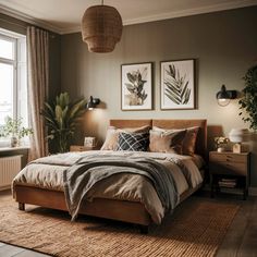 a bedroom with a large bed and two plants