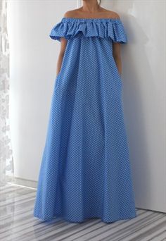 Stil Boho, Ruffles Fashion, Ankara Dress, African Clothing Styles, Blue Maxi, Blue Polka Dots, Spring Summer 2015, Dress With Pockets