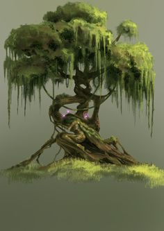 an artistic painting of a tree with moss growing on it's trunk and branches