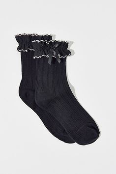 Soft-knit socks with an applique-trimmed ruffle along the ankle. Features Applique femme ruffle socks Soft crew socks Ruffle at the ankle Crew sock length Content + Care 70% Cotton, 28% nylon, 2% spandex Machine wash Imported Size Crew sock length Fits US women’s shoe size 6–10 | Applique Femme Ruffle Sock in Black, Women's at Urban Outfitters Ruffle Sock, Socks Ruffle, Fancy Socks, Ruffle Socks, Ruffled Socks, Fun Accessories, Shirts For Leggings, Lace Socks, Crew Sock