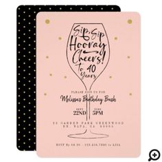 a pink and black birthday card with the words sip hop hooray, cheers