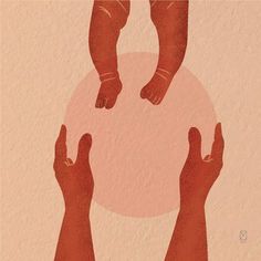 two hands reaching up to each other in front of a pink background with an orange circle