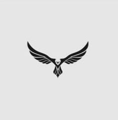 a black and white eagle logo on a gray background