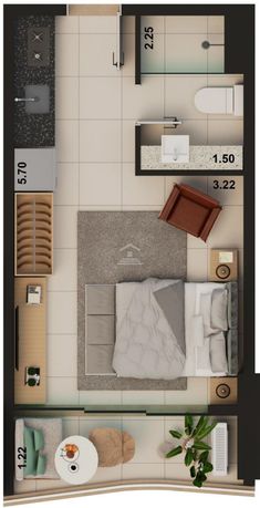 an overhead view of a bedroom and living room from the top down on a floor plan