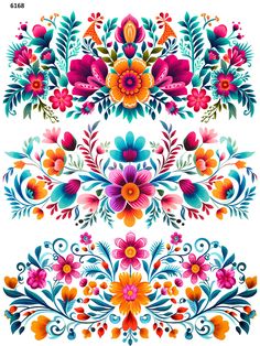 colorful flowers and leaves are arranged in the shape of an ornament on a white background