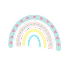 a rainbow with hearts and dots on the side is in pastel blue, pink, yellow, and green