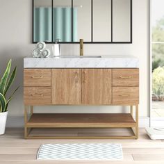 a bathroom vanity with two mirrors above it and a potted plant in the corner