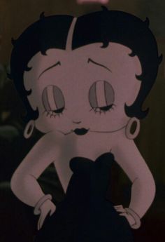 an animated image of a woman in a black dress with big eyes and dark hair