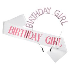 a birthday girl headband with the words happy birthday girl in pink and silver on it