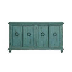 an old blue cabinet with four doors and three knobs on the front, against a white background