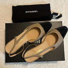 Bnib Chanel Slingback Flats La Skin And Patent Calfskin Beige And Black Size 40 Slingbacks, Chanel Slingback Flats, Chanel Slingback, Slingback Flats, Beige And Black, Chanel Shoes, Walker Boots, Fit N Flare Dress, Boot Sandals