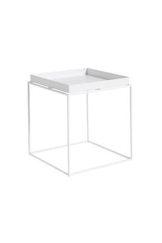 a white side table with a drawer on the top and one section open to show it's contents