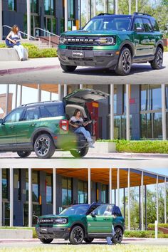 Woman walking by the Eruption Green Metallic Ford Bronco Sport holding a guitar, and another image of her playing the guitar in the back of the vehicle. Ford Cars, Lead The Way, New Song, Cars And Trucks