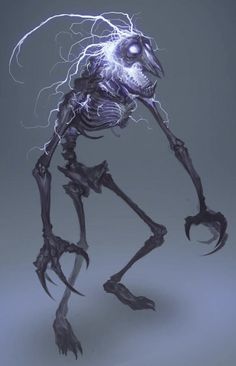 an alien creature with long legs and claws, standing in front of a gray background