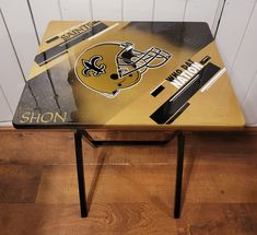 a table with an image of a football helmet on it