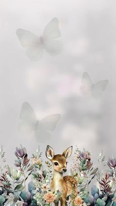 a deer is standing in the middle of some flowers and plants with butterflies flying overhead