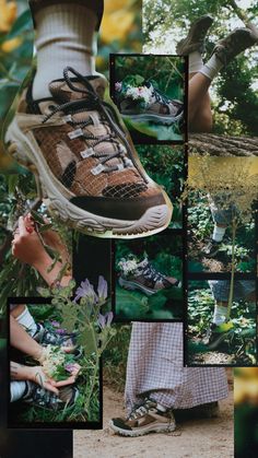 a collage of photos with shoes and flowers in the foreground, one person's feet dangling from a shoe