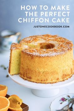 a cake on a plate with the words how to make the perfect chiffon cake