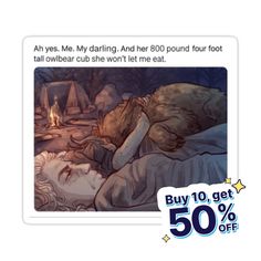 an image of a woman sleeping in bed with the caption'buy 10 get 50 % off '