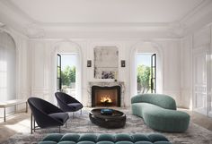 an elegant living room with modern furniture and fireplace in the center, surrounded by white walls