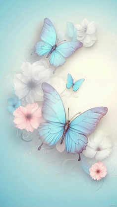 two blue butterflies flying over white and pink flowers