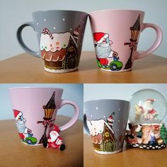 three different mugs with designs on them