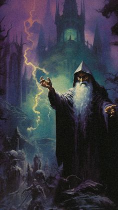 an old wizard holding his hand out in front of a castle with lightning coming from it