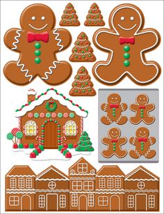 gingerbread cut outs and cookie cutters are shown in various shapes, sizes, and colors