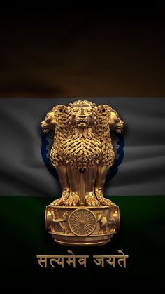 the flag of india with a statue of a lion on it's head in front of a black background