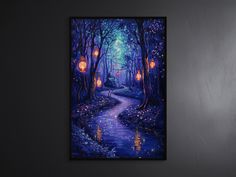 a painting of a path in the woods with lanterns on each side and water running through it