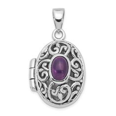 Product Specification Jewelry Specification: Material Purity : 925 Stone Type 1 : Amethyst Stone Color 1 : Purple Length : 26 Mm Material : Sterling Silver Stone Treatment 1 : Heating Item Weight U/M : Gm Width : 16 Mm Product Type : Jewelry Jewelry Type : Pendants & Charms Sold By Unit : Each Pendant/Charm Type : Locket Material Color : White Stone Creation Method 1 : Natural Attributes: Casted Polished Polished Back Sterling Silver Amethyst Rhodium-plated Opens Antiqued Medical Jewelry, Antique Filigree, Jewelry Lockets, School Jewelry, Photo Pendant, Locket Charms, Amethyst Purple, Fine Jewelry Gift, Selling Jewelry