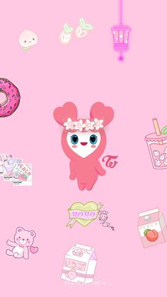 a pink background with donuts, doughnuts and other items