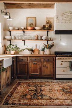 a kitchen with an area rug, stove and shelves filled with pots and pans