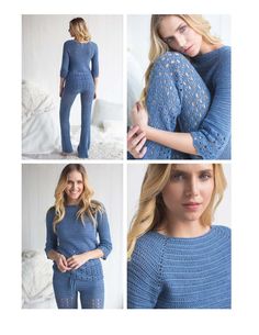 four photos of a woman wearing blue clothing and posing with her hands on her hips