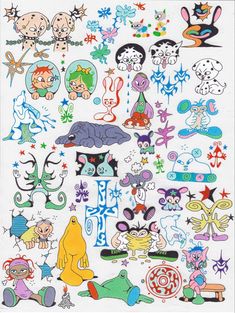 an assortment of cartoon stickers on a white sheet with stars and other things in the background