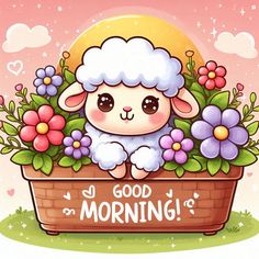 a cartoon sheep is sitting in a basket with flowers and the words good morning on it