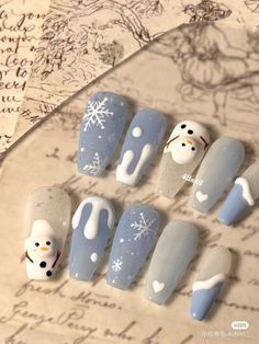 Snowman Nails, Fake Nails Designs, Cute Christmas Nails, Christmas Gel Nails, Soft Nails, Blue Nail, Xmas Nails, Christmas Nail Designs, Pretty Acrylic Nails