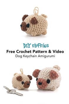 two crocheted stuffed animals sitting next to each other with the words free crochet pattern and video