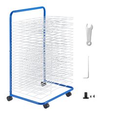 a blue and white wire basket on wheels next to screwdriver, wrench and other tools