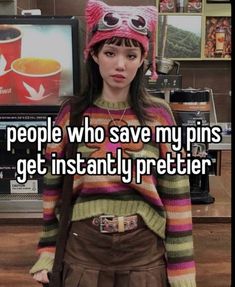 a girl wearing a cat hat with the caption people who save my pins get instantly prettier