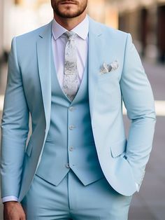 Sky Blue Men's Wedding Suits Solid Colored 3 Piece Daily Business Single Breasted Two-buttons 2024 2024 - $107.99 Light Color Suits For Men Wedding, Ice Blue Groom Suit, Turquoise Groom Suit, Pastel Wedding Groom Suit, Sky Blue Groom Suit, Sky Blue Themed Wedding, Groom Suit Light Blue, Baby Blue Suits For Men, Blue Best Man Suit