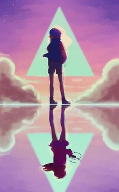 a girl standing in front of a mirror with her reflection on the water and clouds