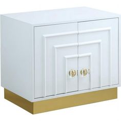 a white and gold cabinet with two doors on the front, and one door open