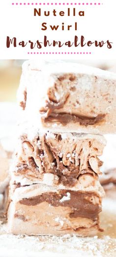 nutella swirl marshmallows stacked on top of each other with text overlay