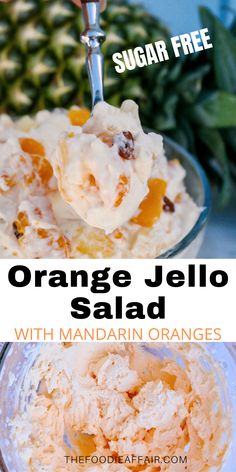 A clear bowl full of orange jello salad with a spoon scooping out some to eat. Orange Salad Dessert, Fruit Salad Cottage Cheese, Cool Whip Mandarin Orange Salad, Jello Orange Salad, Cool Whip Fruit Desserts, We Orange Fluff, Orange Cool Whip Salad, Fluff Jello Salad Recipe Cool Whip, Jello Recipes With Cool Whip Fruit Salads