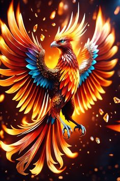 a colorful bird with orange and blue feathers on it's wings flying through the air